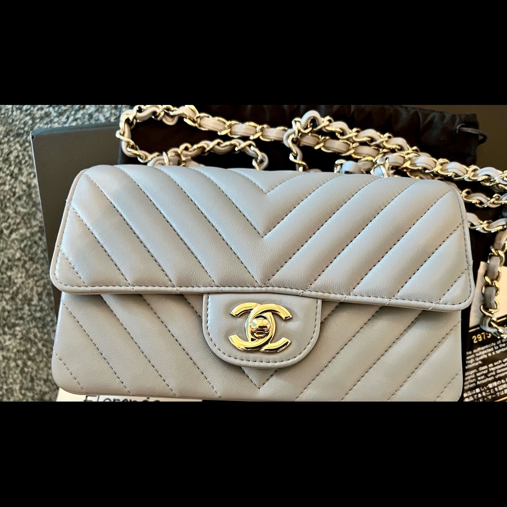 SOLD Chanel Mini Rectangular 20b Grey Chevron Lambskin Light Gold Hardware